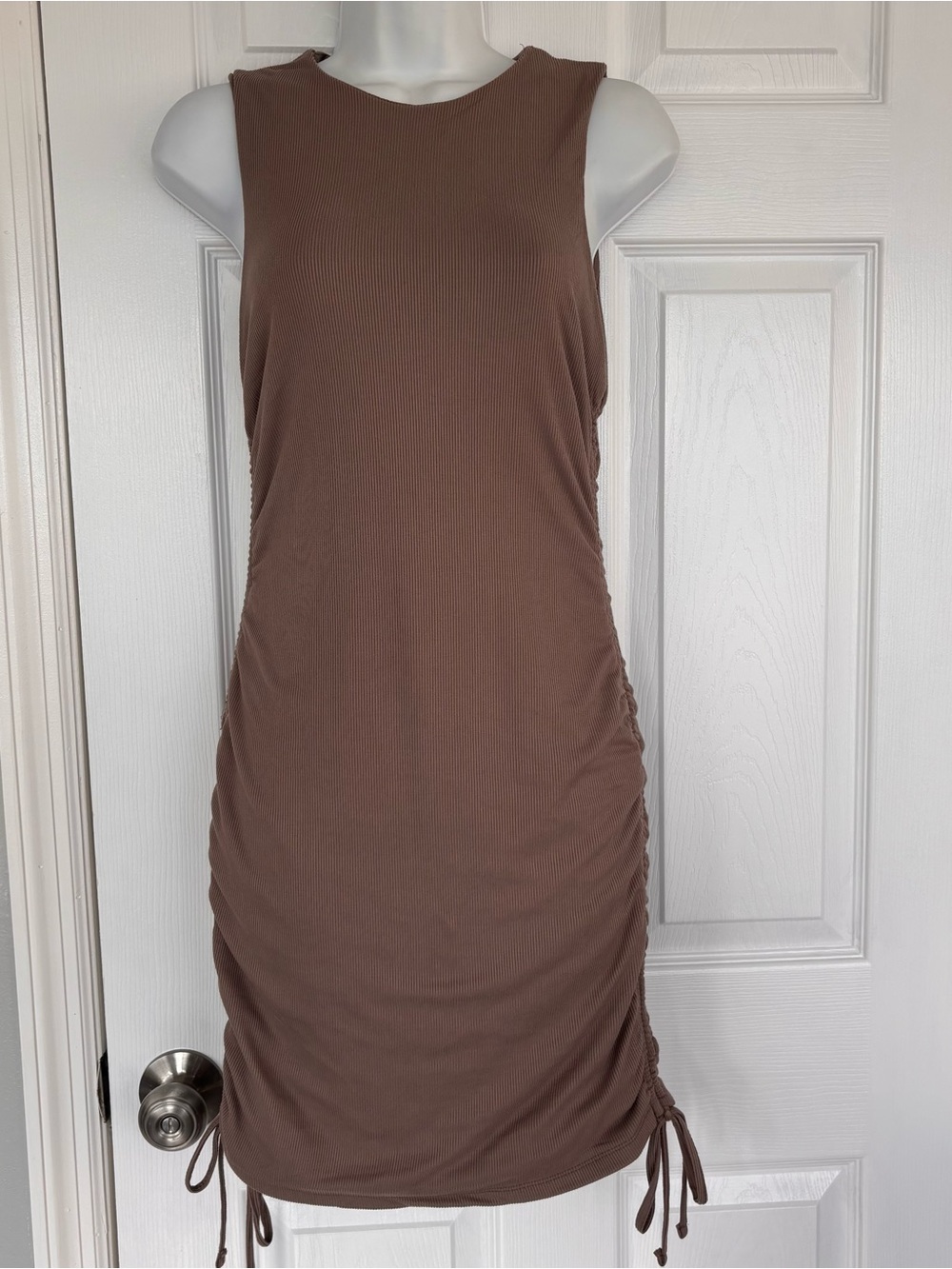 Justify Sleeveless Ruched Mini Dress in Taupe Brown
